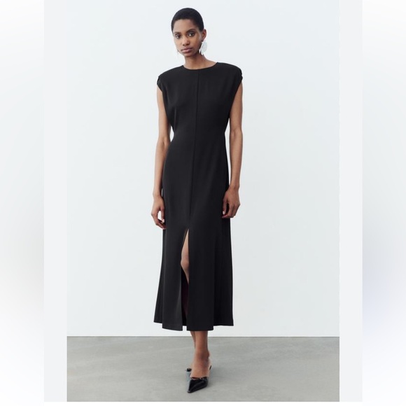 ZARA Shoulder Pad Crepe Midi Dress Black Fitted waist shoulder pads Size S NWT - Picture 2 of 16